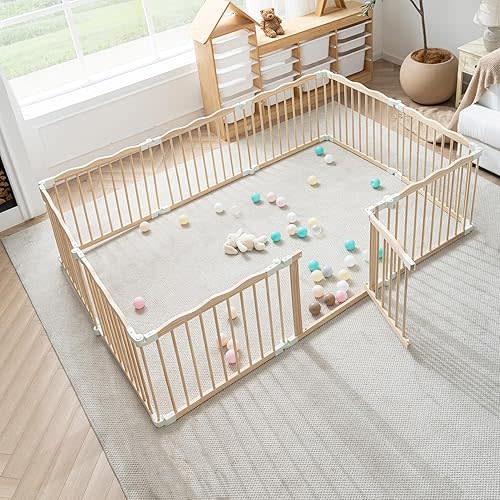 GGF Wooden Baby Playpen Foldable Play Yard with Gate 86”x58“ Natural Wood