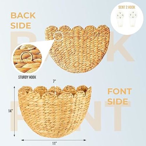 Scalloped Wicker Wall Basket 14"L x 11"W x 7"H, Handwoven Hanging Wall Organizer for Boho Home Décor, Natural Rattan Storage Basket for Living Room, Entryway, Kitchen