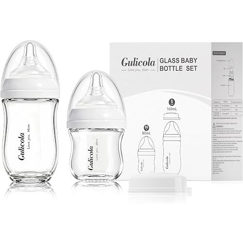Gulicola Natural Glass Baby Bottle Newborn Set, 3 oz and 5 oz with Extra Slow Flow & Slow Flow Nipple, Anti Colic, 0-3 Months, 2 Pack - White