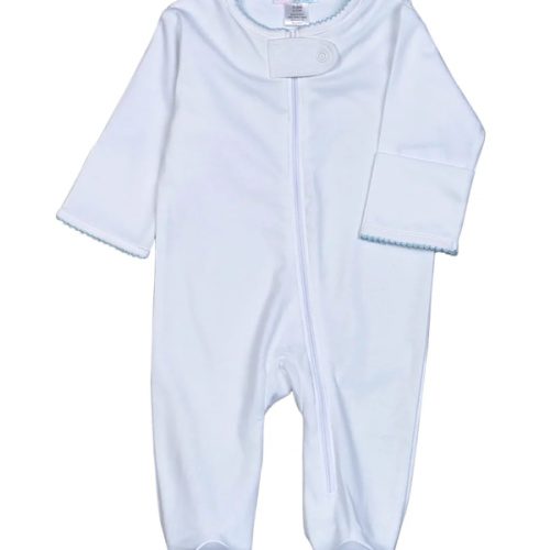White Zipper Footie w/ Blue Picot Trim