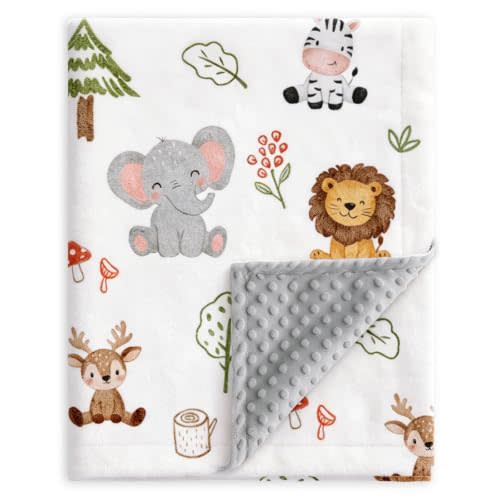 HOMRITAR Animals Baby Blanket for Boys Girls Double Layer Dotted Backing | Soft Cozy Throw Blanket with Woodland Elephant Lion Print for Infant Toddler Nursery Crib Stroller Shower Gift 30 x 40 Inch