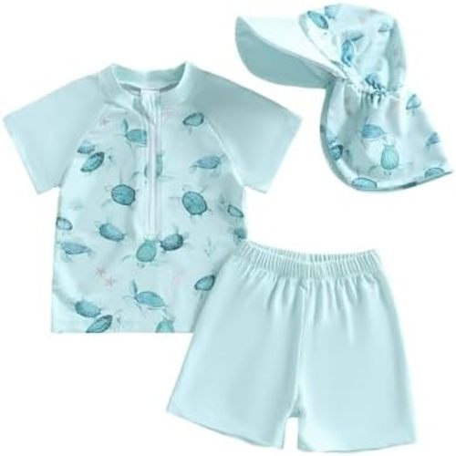 DuAnyozu Baby Boys Swimsuit Long Sleeve Rash Guard Swimwear Baby Boy Swim Trunk with Hat Set 3-Piece Toddler Bathing Suit