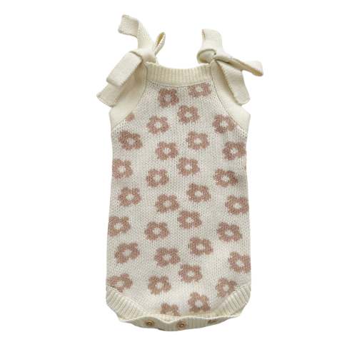 Harp Angel Boutique Organic Knit Romper - Mocha Daisy - 12-18 Months