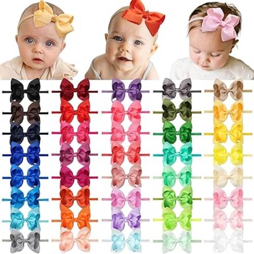 CÉLLOT 40 Colors Baby Bow Headbands 3.5" Hair Bows Super Soft Nylon Headbands for Baby Girls Infants preemie and Newborn Kids Hair Accessories