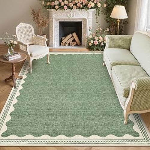 GarveeHome Scalloped Sage Green Washable Area Rug 6x9 Rugs for Living Room Soft Low-Pile Solid Modern Minimalism Thin Carpet for Bedroom Dining Nursery Non Slip