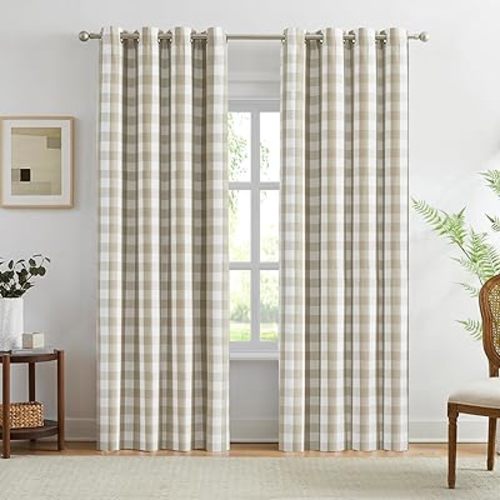 Amzdecor Buffalo Check Plaid Full Blackout Window Curtains 84 Inches Long for Bedroom Noise Reducing Total Room Darkening Grommet Drapes,Vintage Farmhouse Window Treatment,2 Panels,52"x84",Beige/White