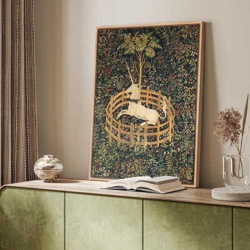 The Unicorn in Captivity Wall Art, Framed Animal Forest Medieval Tapestry Style Canvas Print, Vintage Mythical Decor for Living Room