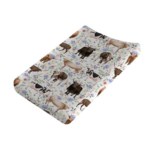 Cows Boho Retro Floral Changing Pad Cover Farmhouse Cows Cattles Yak Flowers Baby Diaper Change Table Sheets for Boys Girls Soft Stretchy Changing Table Mats Cover 32''x16''