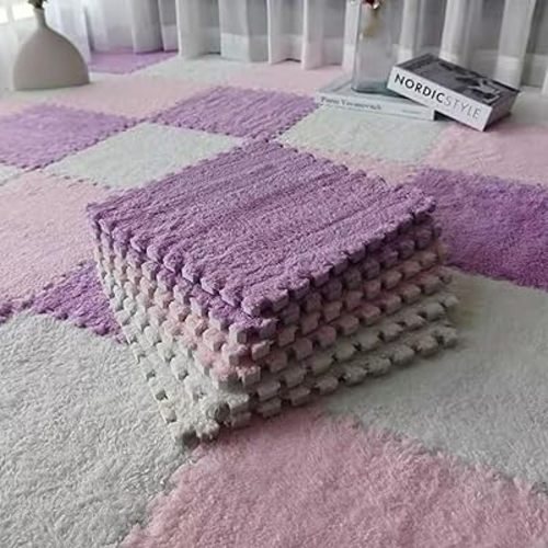 12pcs Plush Puzzle Foam Floor Mat, Cute Soft Fluffy Interlocking Square Foam Tiles Area Rugs Carpet for Parlor Bedroom Decoration(11.8x11.8x0.4in, Pink&White&Light Purple)