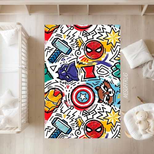 Superhero Comic Kids Rug – Washable Boys Playroom Carpet