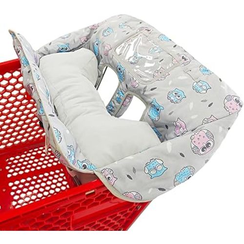 Love&go Soft Pillow Attached 2-in-1 Shopping Cart and High Chair Cover for Baby, Cotton Padded Cart Cover, Fold'n Roll Style, Portable with Carry Bag (Gray Owl)