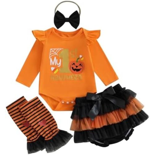 My 1st Halloween Baby Girl Outfit Ruffle Long Sleeve Romper Tulle Tutu Skirt Headband Leg Warmer Clothes Set