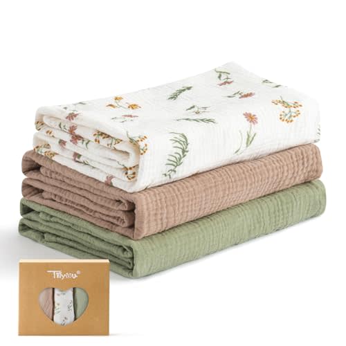 TILLYOU 3 Pack Muslin Swaddles for Newborns Baby Blankets for Girls Boys Cotton Swaddle Blankets 40"x40", Daisy