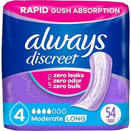Always Discreet Adult Incontinence Pads for Women, Moderate Absorbency, Long Length, Postpartum Pads, Up to 100% Bladder Leak Protection, 54 Count (Packaging May Vary)