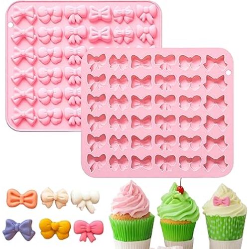 2PCS Bow Chocolate Silicone Molds,Bow Silicone Molds with 6 Different Shapes,Mini Chocolate Molds for Candy Gummy Baby Shower Party DIY Cake Decorations (Pink)