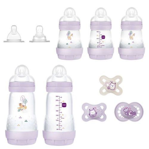 MAM Baby Essentials Gift Set - Lilac - 10pc: Includes Anti-Colic Bottles & Silicone Pacifiers, BPA-Free