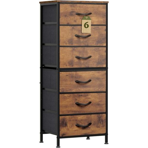 WLIVE Tall Dresser for Bedroom, 6 Drawer Dressers & Chests of Drawers, Fabric Dresser for Closet, Night Stand with Metal Frame, Storage Tower with Fabric Bins, Wood Top, Rustic Brown Wood Grain Print