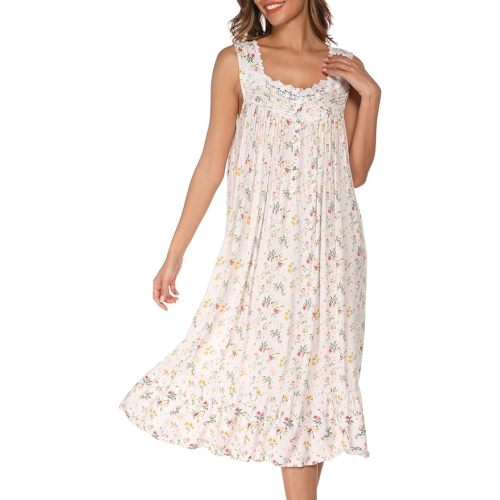 AVIIER Cotton Nightgowns for Women Sleeveless House Dress Ladies Long Nightdress with Pockets S-XXL
