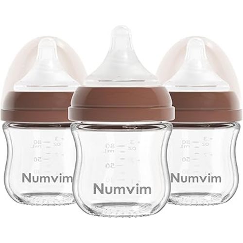 Natural Glass Baby Bottles Gentle & Extra Slow Flow, Newborn Breastfeeding Bottle with Anti Colic Nipple for 0 Months Babies, 3 Packs (Brown (3 Ounce), 1 Count (Pack of 3))