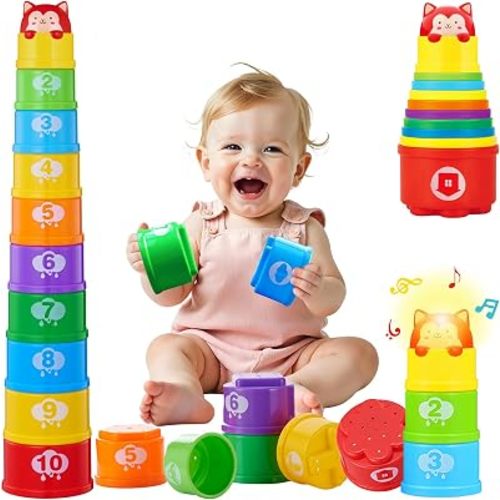 WEEJOYGAM Stacking Cups Baby Toys 6 to 12 months, Nesting Stacking Toys for Toddlers 1-3, Learning Montessori Toys for 1 Year Old Boy Girl Gifts, Sensory Color Sorting Bath Pool Beach Stackable Blocks