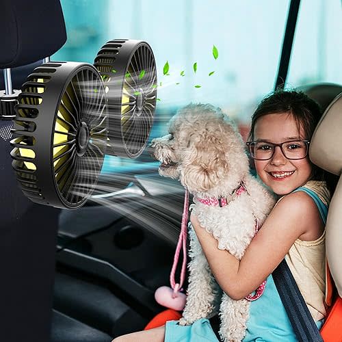 Car Fan USB Powered Dual Head - Powerful 3 Speed, Portable Car Cooling Clip Fan for Car Headrest Backseat, Quiet Brushless Motor, 360° Rotatable, Air Circulation for Vehicle, Van, Truck, SUV, RV,kids