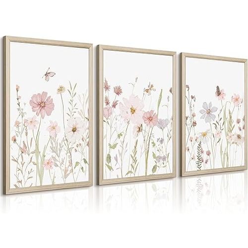 Wildflower Nursery Wall Art Pink Watercolor Floral Painting Baby Girl Nursery Canvas Wall Decor Vintage Botanical Flower Picture Boho Wildflower Prints for Bedroom 12x16x3 Inch Framed
