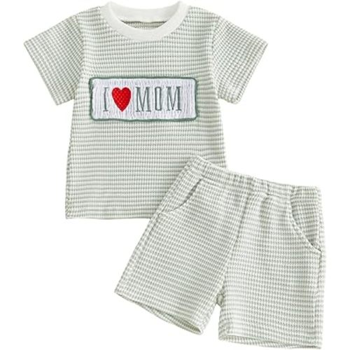 Toddler Baby Boy Mothers Day Outfit I Love Mom Striped Smocked Short Sleeve Waffle Knit T-Shirt and Shorts 2Pcs Set