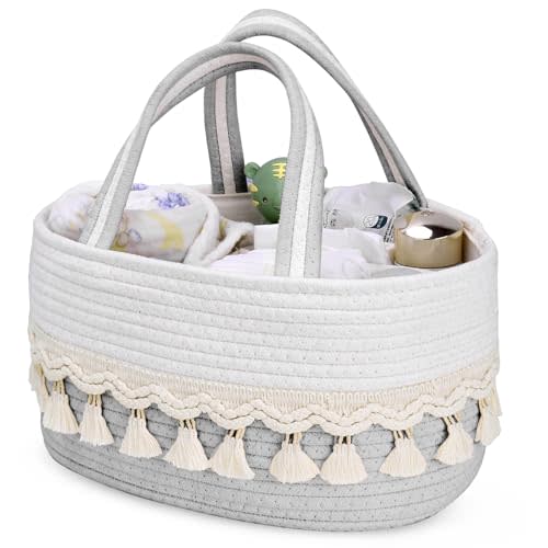 TUWEIPAIKE Diaper Caddy Organizer, Stylish Nursery Storage Basket, Baby Shower Basket with Tassel Decorative Appearance, Portable Storage Basket Suitable for Family and Car Travel (Grey)