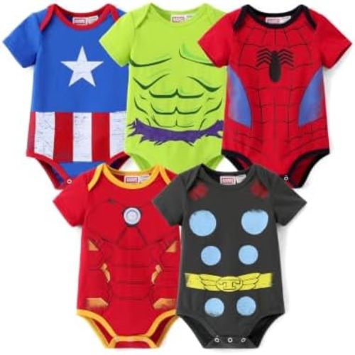 Disney Marvel Cars Toy Story Baby Clothes, 5 Pack Short-Sleeve Bodysuits, Newborn to Infant Outfits Costumes, 0-18 Months