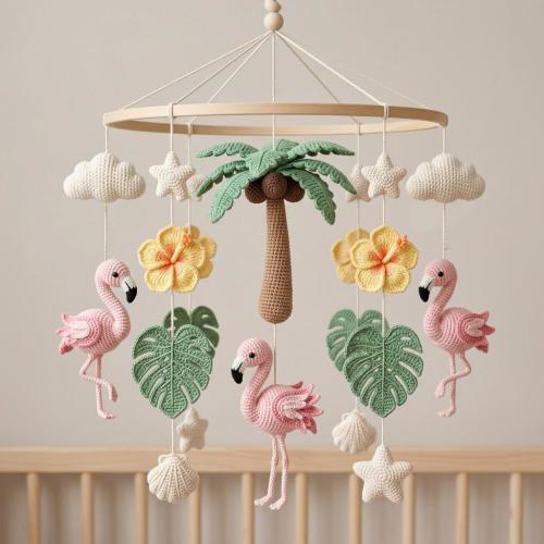 Flamingo Coconut Baby Mobile Crochet Nursery Decor, Tropical Crib Mobile with Coconut and Hibiscus, Coastal Nursery Baby, Baby Shower Gift