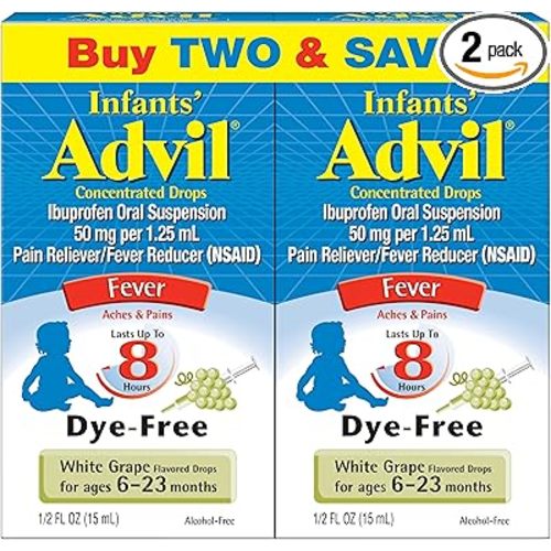 Infants' Advil Liquid Pain Reliever and Baby Fever Reducer, Infant Ibuprofen Dye Free Pain Relief and Fever Medicine, White Grape - 0.5 Fl Oz (2 Pack)