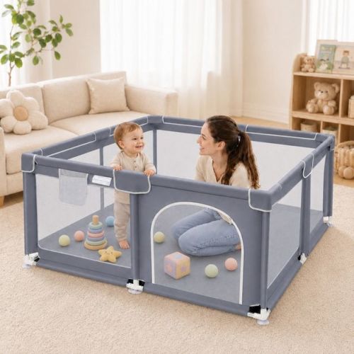 Kmaier Baby Playpen,Large Indoor and Outdoor Play Yards,360° Visibility,For Toddler-(Grey)