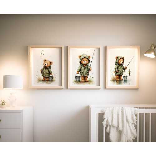 Teddy Bear Fishing Nursery Prints, Camping Nursery Wall Art, Kids Fishing Gift, Gone Fishing Baby Room Decor, Digital Download, baby shower