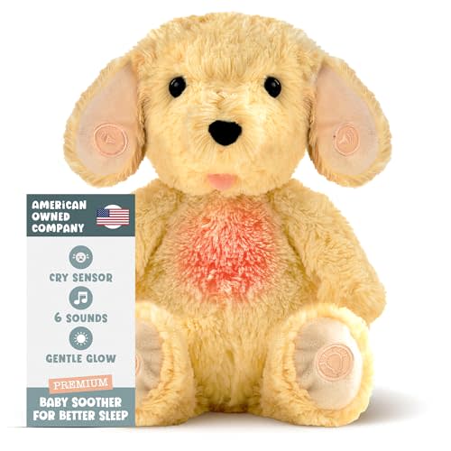 Gemma Joy Puppy Plush Cry-Activated Heartbeat Sleep Soother for Newborns | Cry-Activated Heartbeat with White Noise, Shush and Lullabies, Soft Night Light, Rechargeable, 11 Inch Newborn Companion