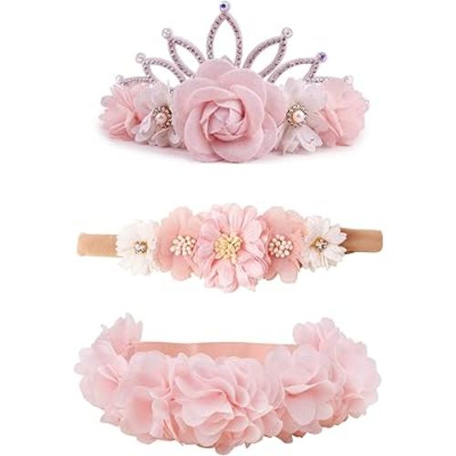 Baby Girl Floral Headbands- 3pcs Nylon Headband Handmade Flower Crown Elastic Hairband Newborn Toddler Hair Accessories Gifts for Girls （1-6 years old）