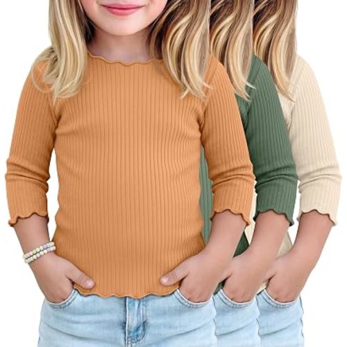 3 Pack Toddler Girls 3/4 Sleeve Tops | Slim Fit Shirts, Ribbed Knit T-shirts, Lettuce Trim, Crew Neck, School, Soft and Comfort Fabric, Play, Everyday Wear, 18m-5t