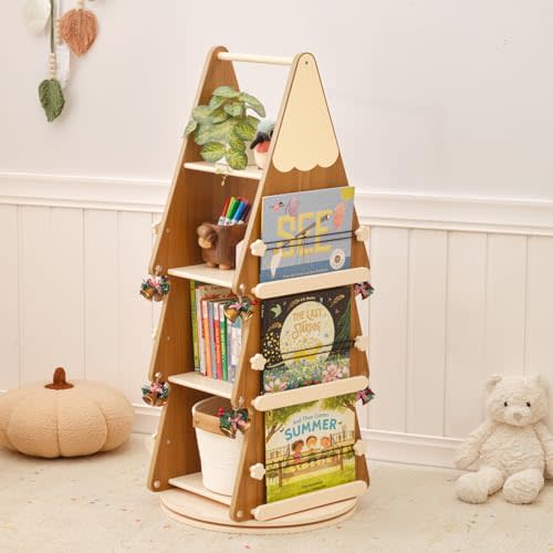 OOOK Solid Wood Rotating Bookshelf Tower 4 Tier, 360°Display Floor Standing Spinning Bookshelf Tower, Small Corner Bookcase for Small Spaces, Kids Tree Book Shelf for Kids Rooms, Classroom, Nursery