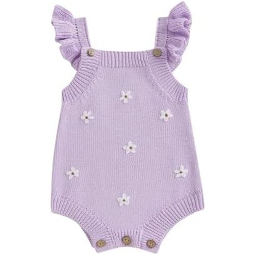 Infant Baby Girl Summer Sleeveless Strap Bubble Romper One Piece Newborn Knitted Floral Bodysuit Outfit