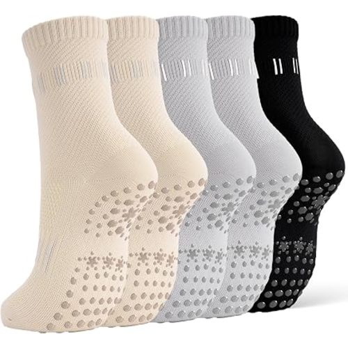 5 Pairs Pilates Socks Yoga Crew Socks with Grips for Women Non Slip
