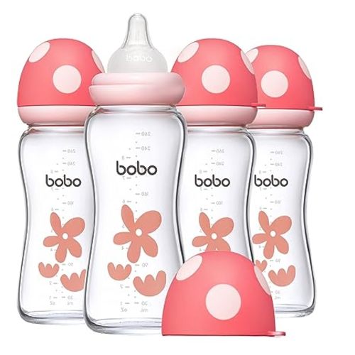 YOHKOH Natural Glass Baby Bottle with Level 2 Medium Flow Nipple, Newborn Anti-Colic Baby Bottles, Wide Neck Mushroom Baby Glass Bottle (Red, (8.8oz (Pack of 4))