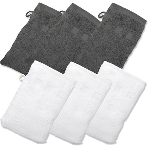 Made Easy Kit Bath Mitts - Pack of 6 - (6" x 9") European Style Washcloth with Loop (Charcoal White, 6 x 9 inches)
