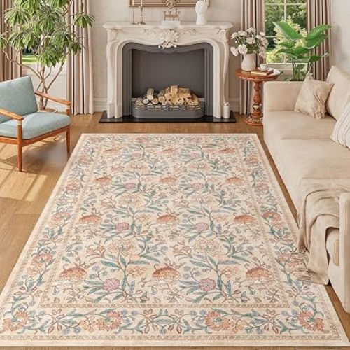 DUKINO 5x7 Area Rugs, Vintage Floral Washable Rug for Living Room, Beige