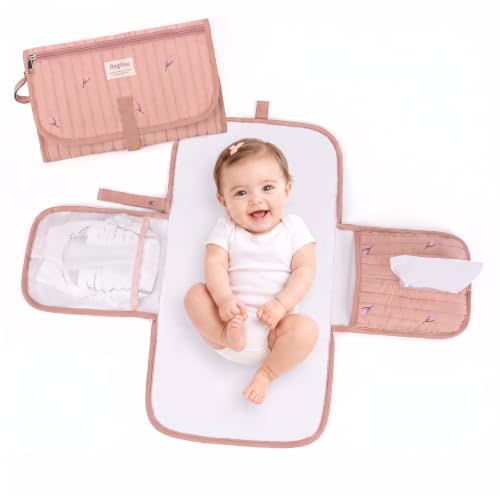 YFGBCX Portable Diaper Changing Pad, Waterproof Quilted Nappy Changing Mat with Wipes Pocket & Foldable Storage for Stroller (Pink)