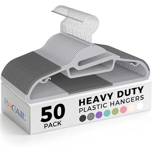 BAGAIL Plastic Hangers 50 Pack with Non-Slip Design,0.2 Inches Thick, 360°Swivel Hook Space Saving Organizer for Bedroom Closet,Shirts,Pants(Grey- S Shaped)