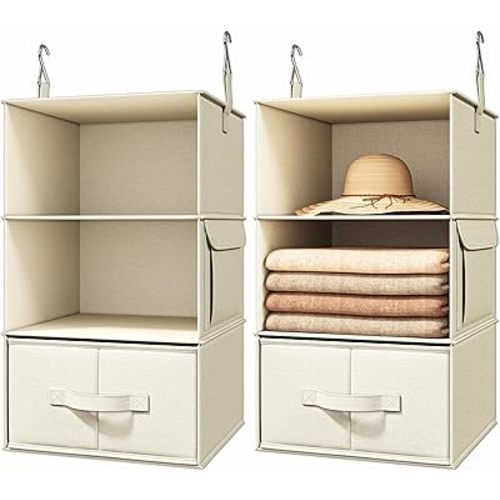 Vailando 3-Shelf Hanging Closet Organizer, Set of 2 Hanging Shelves with 2 Drawers for Wardrobe, Nursery, Baby Clothes Storage and Organization, Beige