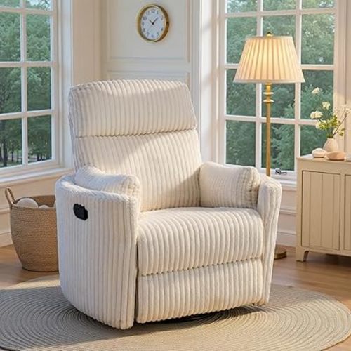 Nursery Rocking Chairs Comfy High Back 360 Swivel Rocker Recliner with 2 Pillows Glider Recliner Nursery Chair for Adults Small Spaces Nursing Bedroom Living Room Beige