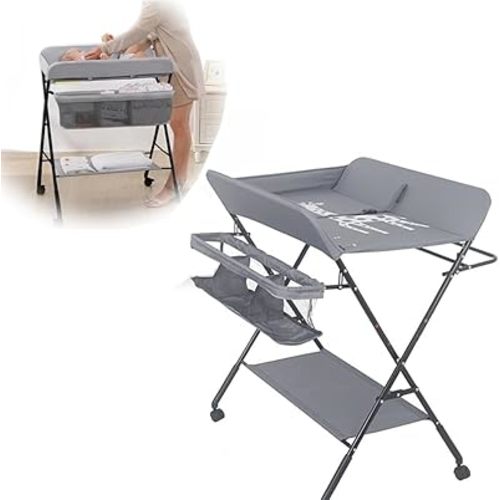 Portable Baby Changing Table, Waterproof Diaper Changing Table with Wheels, Adjustable Height Folding Diaper Station with Safety Belt, Large Storage Racks for Newborn Baby and Infant