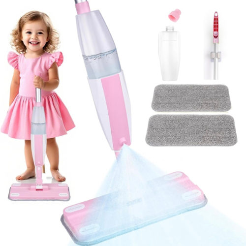 Kids Spray Mop,Fun & Functional Toddler Cleaning Set,Real Working Mop for Floors,Pretend Play – Includes Spray Bottle, 2 Washable Microfiber Pads