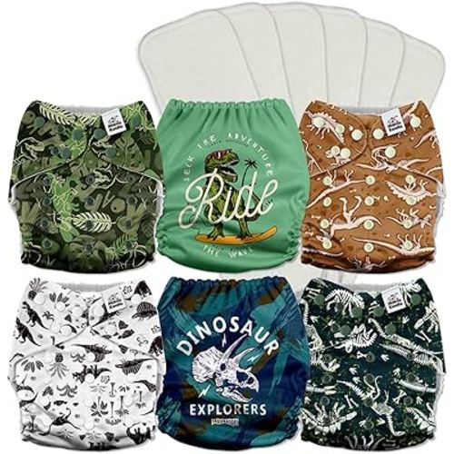Mama Koala 3.0 Pocket Cloth Diapers for Babies with AWJ Lining, 6 Pack with 6 5-Layer Natural Cloth Diaper Inserts - Reusable and Washable Pocket Diapers(A-It's Dinosaurs)