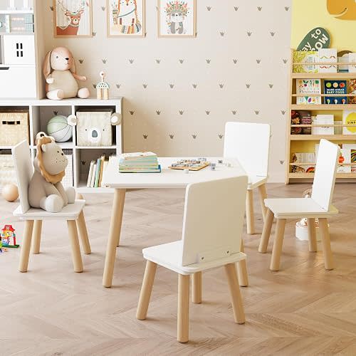 Kids Table and 2 Chairs Set, 3 Pieces Toddler Table and Chair Set, Kids' Table & Chair Sets, Kid Play Table for Daycare, Classroom, Home (White 4 Chairs)